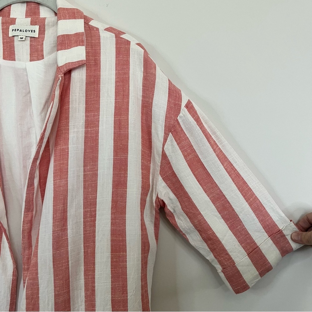 Pepaloves Pink White Stripe Linen Blend Open Front Blazer Jacket M - Picture 5 of 10